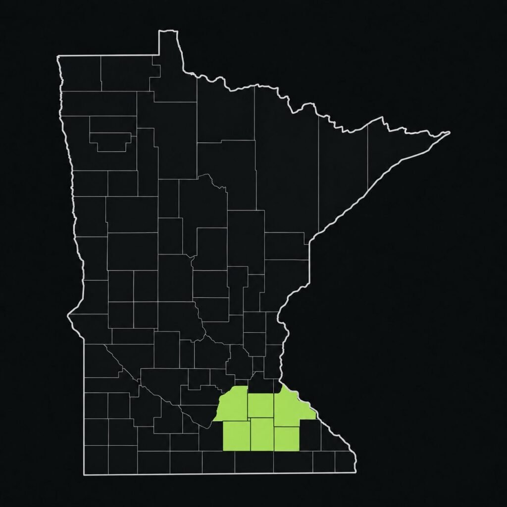 Map of the First Response Outdoor Services service area around Medford, Minnesota